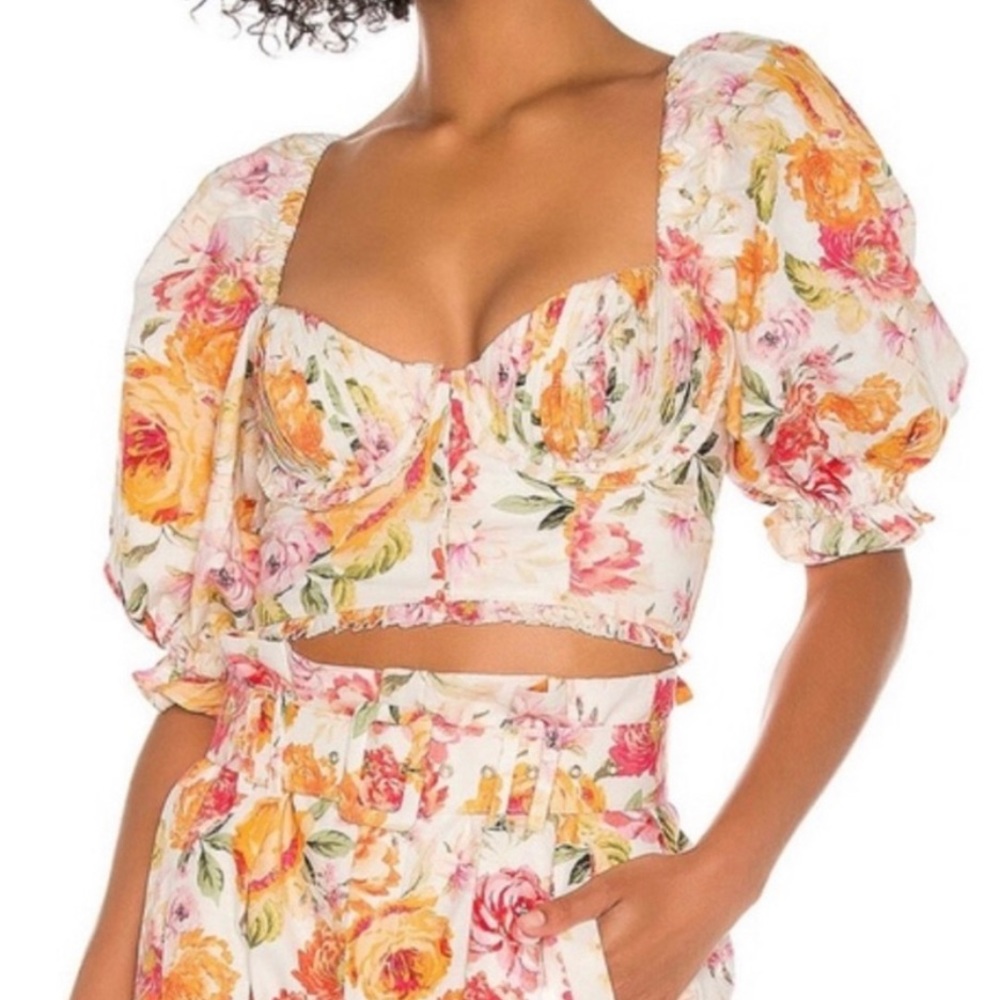 For Love And Lemons Floral Puff Sleeve Crop Top